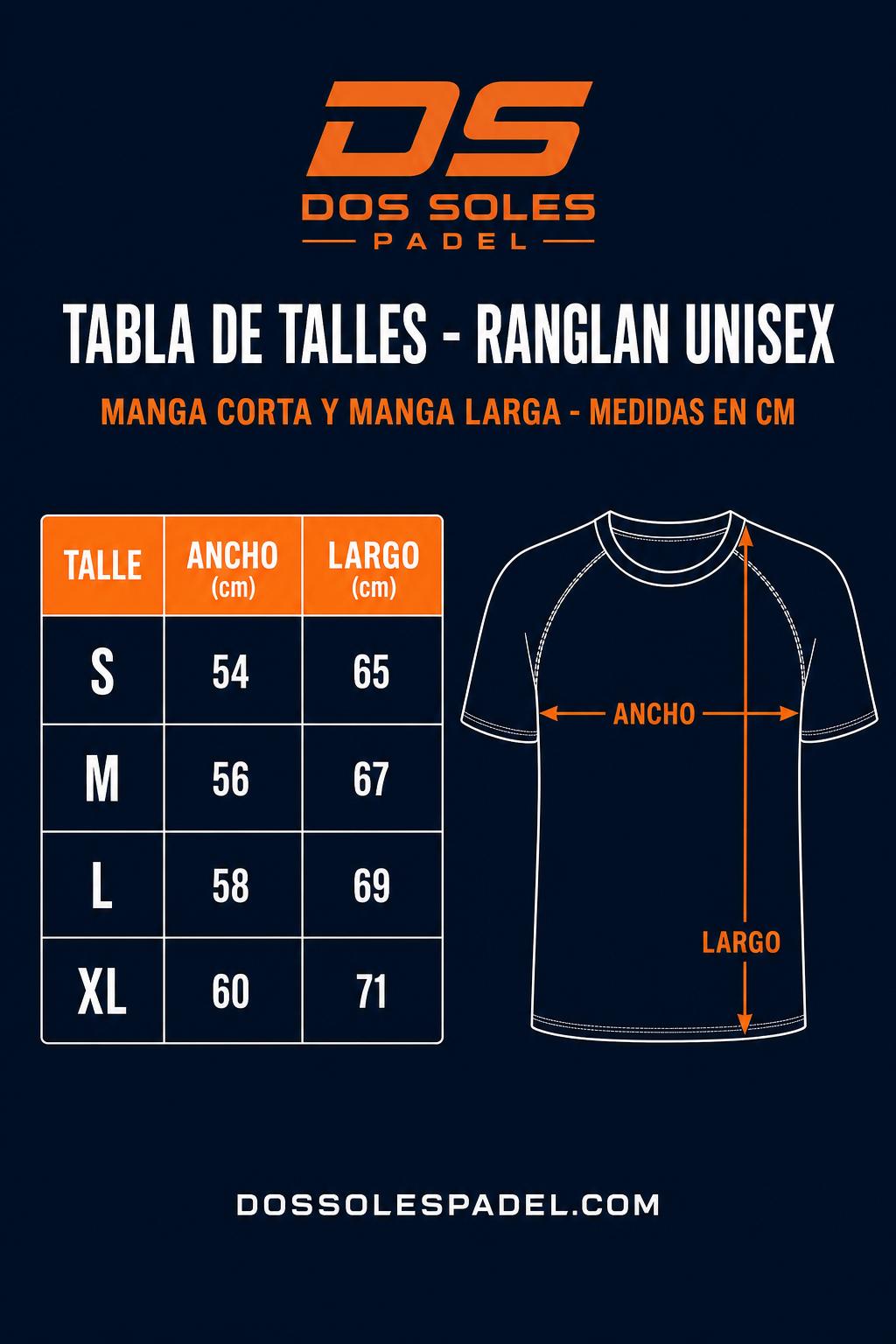 Tabla de talles de remera ranglan unisex Dos Soles Sports