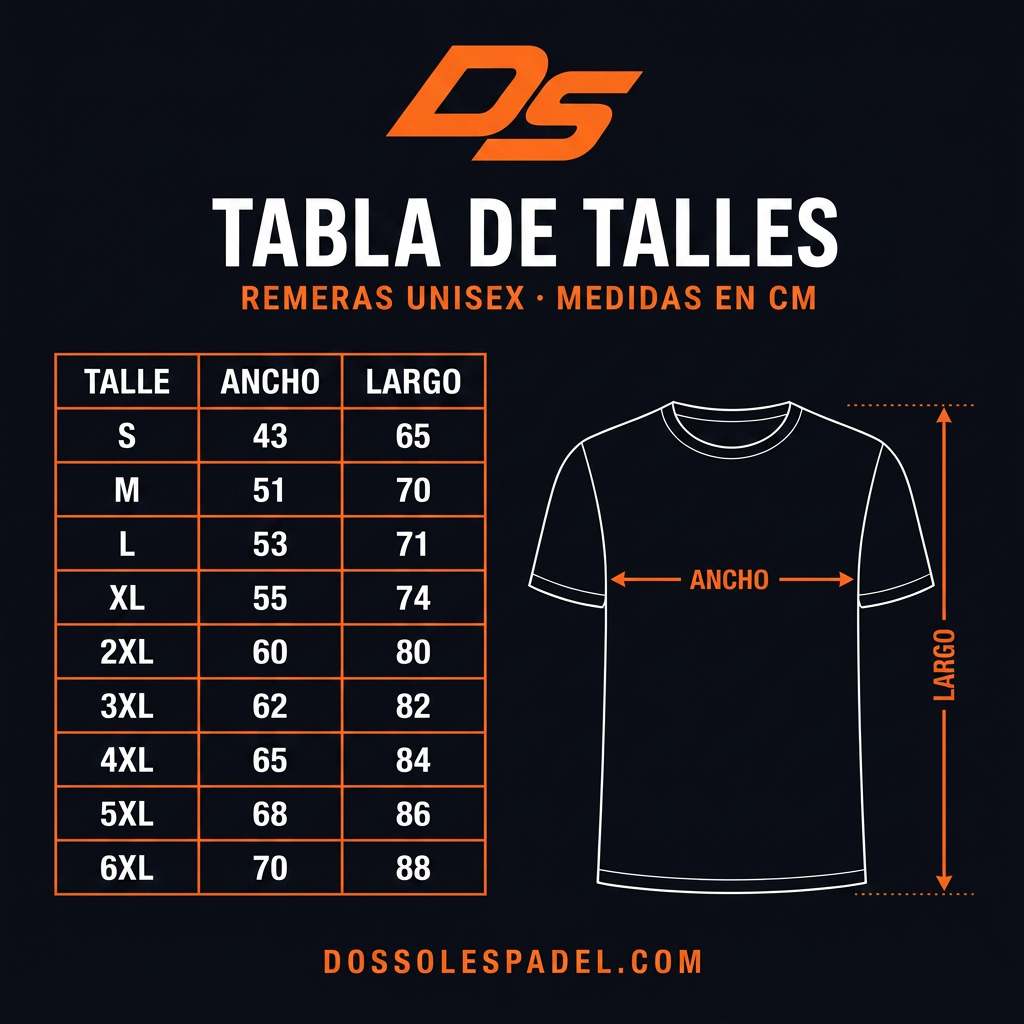 Tabla de talles de remeras unisex Dos Soles Sports